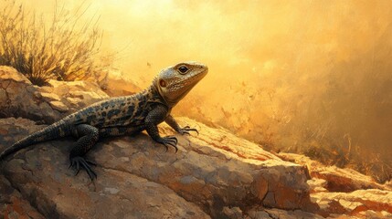 Bearded dragon on rock, contemplating the sunlit desert landscape