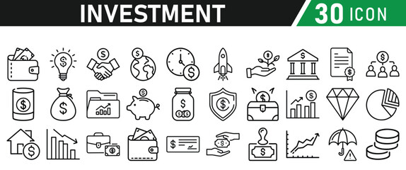 Investment Line Icon Set. Contains Financial Strategy, Savings, Credit Score, income, wallet, currency, dollar, card, coin, Capital, Banking, Profit icons collection