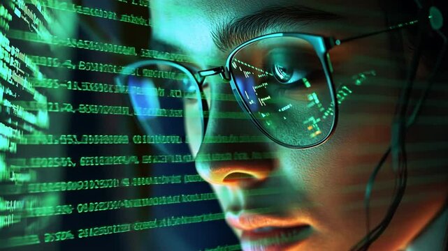 Digital Explorer: A focused individual, illuminated by the glow of computer code reflected in their eyeglasses, embodies the world of technology and innovation, symbolizing the digital age.