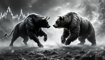 a powerful black and white image depicting a bull and a bear facing each  other