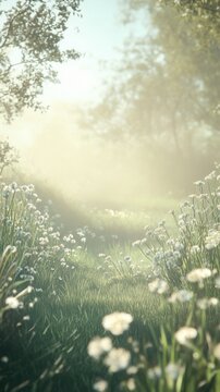 Serene meadow path at sunrise with blooming wildflowers and soft mist