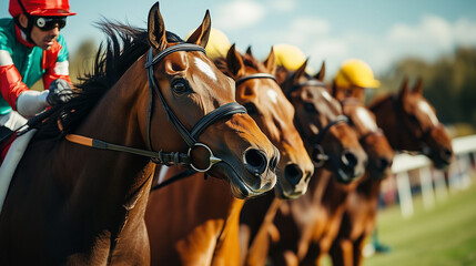 Obraz premium Group of horse rider on horses about to start race standing in row during horse racing competition