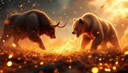 a dynamic scene of a bull and bear clashing