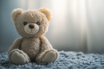 Obraz premium A soft teddy bear sits on a cozy knitted surface