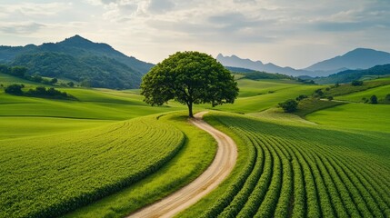 Fototapeta premium Cinematic Time Lapse Effect of Organic Farm Landscape with Green Fields and Majestic Tree