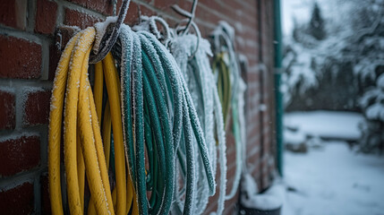 frozen garden hose pipe hanging on the wall of home  due to extreme cold weather in winter due to polar vertex effecting plumbing utility 