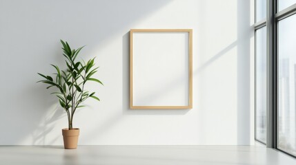 Empty frame and plant against white wall