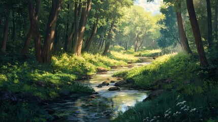 Obraz premium Serene forest stream illuminated by dappled sunlight creating a peaceful scene