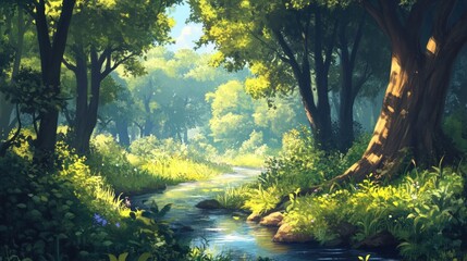 Tranquil forest stream, dappled sunlight filtering through vibrant green canopy