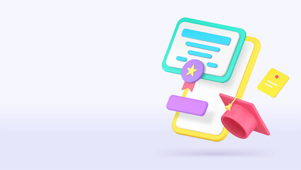 Online education diploma graduation digital school college university banner copy space vector illustration. E learning remotely class lesson distant studying certificate knowledge technology