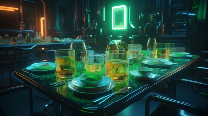 Futuristic Dinner Table Setting in Neon-Lit Room