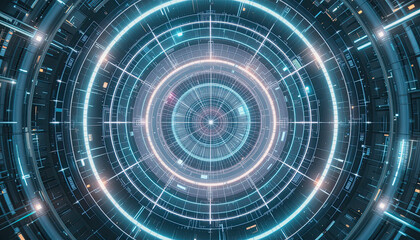 Fototapeta premium Futuristic Digital Interface with Neon Circular Data Flow and High-Tech Geometric Lines, Perfect for AI, Virtual Reality, and Advanced Technology Designs, Featuring a Radiant Central Core and Digital 