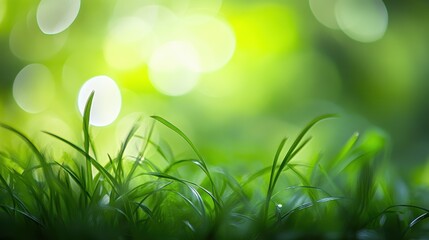 Obraz premium Fresh green grass with soft bokeh effect, vibrant nature backdrop, eco-friendly theme, Earth Day, tranquility, outdoor serenity, healthy living, natural beauty.