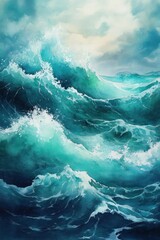 Dramatic Watercolor Painting Of Ocean Waves And A Cloudy Sky