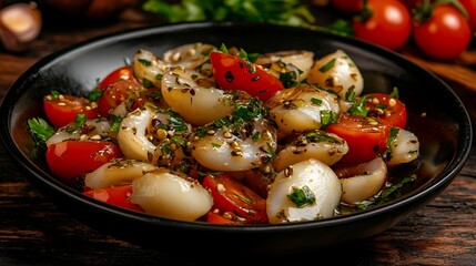 fresh squid salad with citrus and herbs on white plate