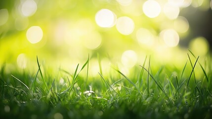 Obraz premium Fresh green grass on soft blurred background, natural beauty, spring season, outdoors, Earth Day, vibrant nature scene, healthy living, tranquility.