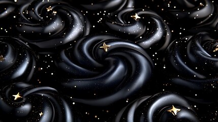 Abstract swirls of black liquid with gold stars.