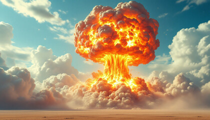 artistic representation of a nuclear explosion with a vibrant mushroom cloud set againts a blue sky