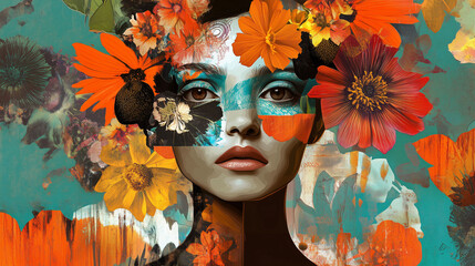 Surreal Digital Collage Merges Traditional Art Forms With Vibrant Floral Elements and a Striking Human Figure. Generative AI
