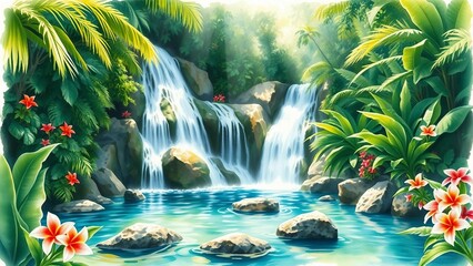 Magischer Wasserfall in tropischem Dschungel mit blühenden Blumen. Farbenfrohe Naturlandschaft mit atemberaubender Aussicht und ruhiger Atmosphäre