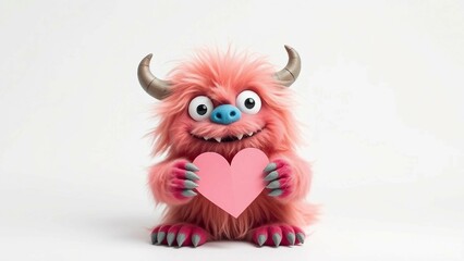 Fototapeta premium Niedliches rosa Monster mit Hörnern, das ein Herz hält. Lustige Cartoon-Illustration für Valentinstag, Liebe und Freundschaft.
