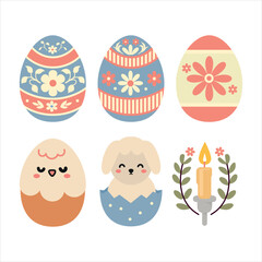 Cute Easter Icons Set | Pastel Vector Illustrations of Easter Eggs, Bunnies, Chicks, Flowers, Candles, and Cakes | Adorable Flat Design for Greeting Cards, Social Media, Prints, and Decorations
