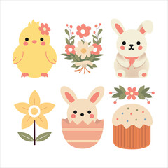 Cute Easter Icons Set | Pastel Vector Illustrations of Easter Eggs, Bunnies, Chicks, Flowers, Candles, and Cakes | Adorable Flat Design for Greeting Cards, Social Media, Prints, and Decorations