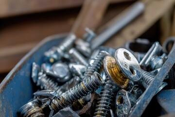 A collection of screws and nuts in a metal bin