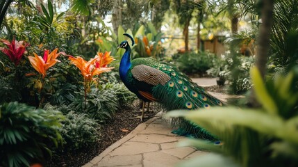 Naklejka premium Peacock's Promenade, A Majestic Bird in a Verdant Botanical Garden