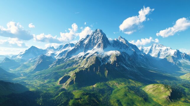 Majestic snow-capped mountains under a bright blue sky and fluffy clouds