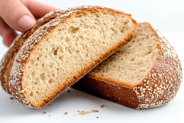 A hand holds a loaf of bread with a bite taken out, perfect for food or daily life scenes