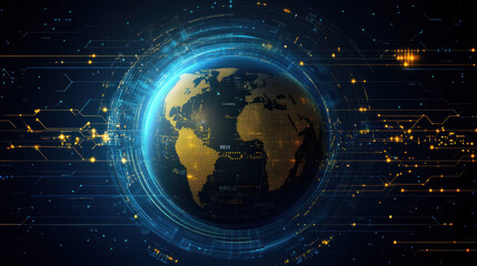 Obraz premium Digital technology background with an Earth globe and digital circuit board elements, in blue and golden colors