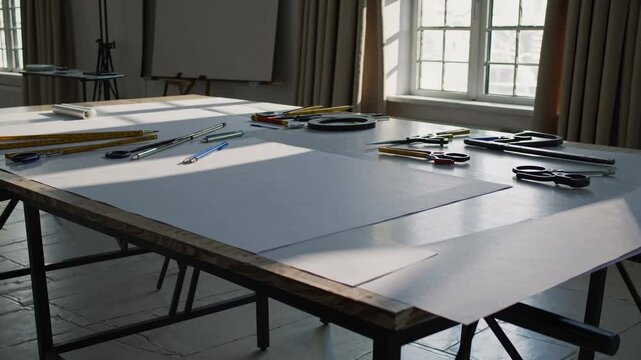 A video still of a sunlit workspace with drafting tools on a large table. The low-angle shot captures the serene, creative atmosphere.