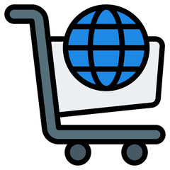 Shopping Cart with Globe Icon. Filled Line Editable Stroke