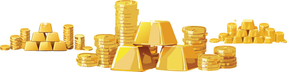 Business success, finance, wealth, banking and stock exchange market investment concept: group of gold ingots or bullions and stacks of golden coins isolated on a white background with stacks of bars