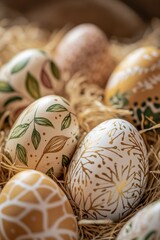 Easter eggs with intricate designs in straw, celebrating spring, family traditions, holiday crafts, vibrant colors, festive decor, cheerful celebrations.