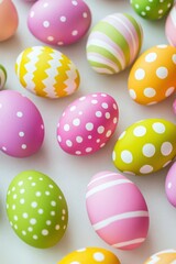 Obraz premium Easter eggs in pastel colors, decorated with polka dots and stripes, festive celebration, spring vibes, holiday traditions, family gatherings, cheerful atmosphere.