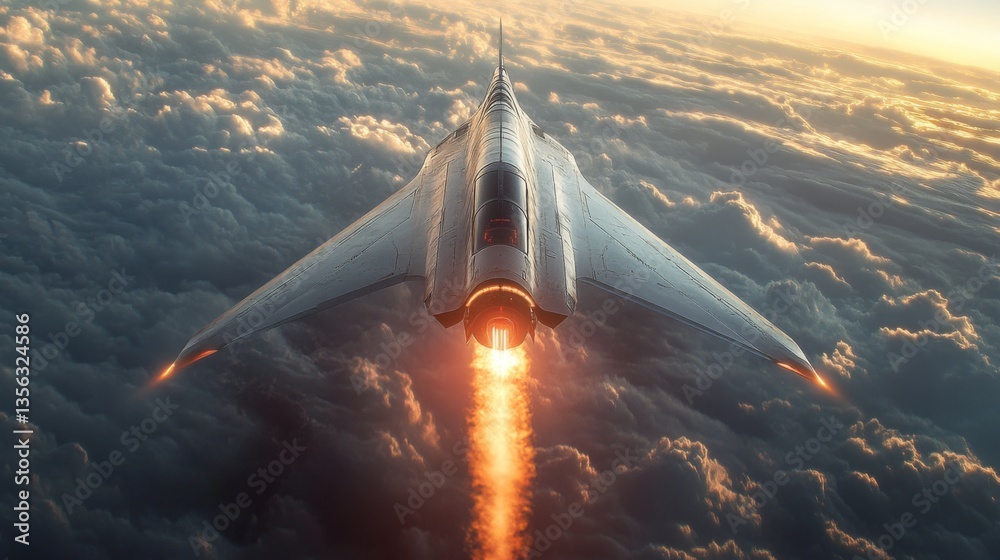 Poster A futuristic spaceplane ignites its rocket engines, ascending through clouds as it demonstrates innovative propulsion capabilities during a hypersonic launch test in the evening sky.