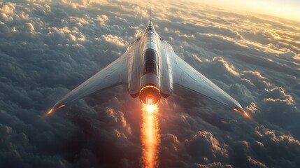 A futuristic spaceplane ignites its rocket engines, ascending through clouds as it demonstrates innovative propulsion capabilities during a hypersonic launch test in the evening sky.