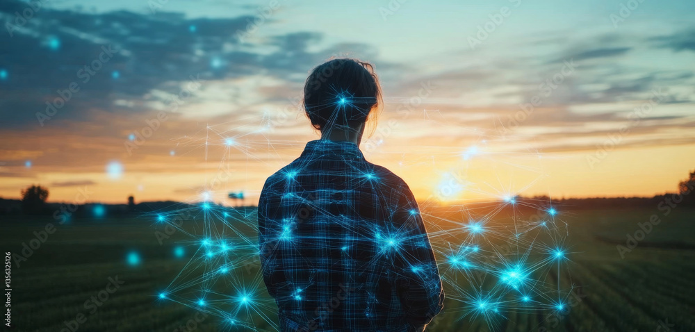 Aufkleber a person stands in an expansive field at sunset, observing the horizon while surrounded by digital c