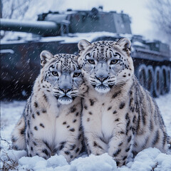 Obraz premium snow leopards standing side by side on the icy tundra, with an abandoned, partially buried military tank 