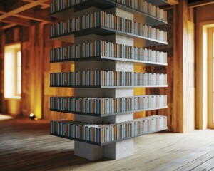 Vertical book storage ideas concepts. Modern bookcase design showcasing stacked shelves in a warm, wooden interior.