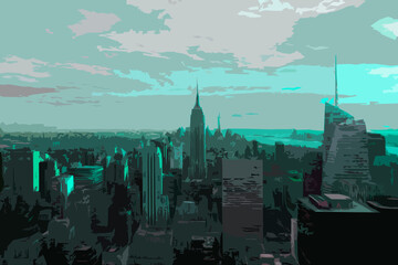 Illustration of New York City skyline in Manhattan with iconic skyscrapers