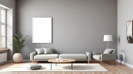 Minimalist Living Room: A modern living room with neutral tones, minimalist furniture, and a blank framed poster, creating a serene and inviting atmosphere.