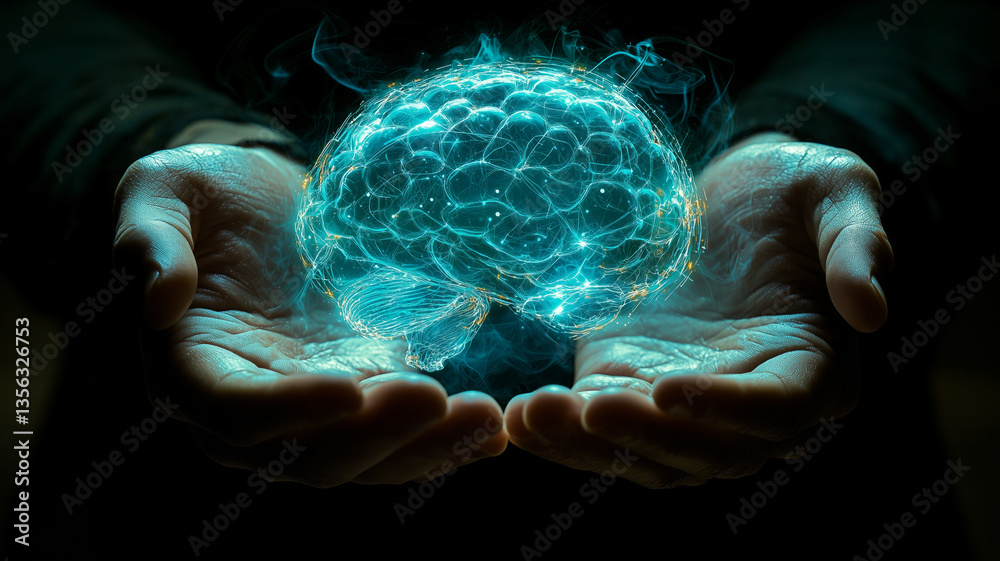 Poster Man holding a floating digital 3D hologram projection of a human brain on dark background. Generative ai