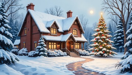 Fototapeta premium Cozy Home with Christmas Tree in Snow Covered Winter Landscape