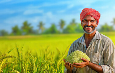 farmer holding crop paddy in hand at agriculture field