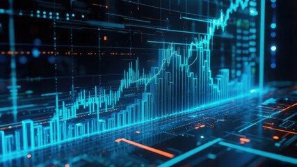 Digital financial graph with blue data visualization on a dark background.