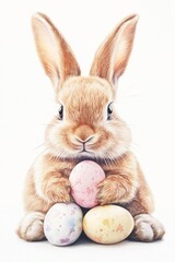 A fluffy brown rabbit carefully holds three colorful decorated eggs