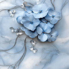 arrangement of pale blue hydrangeas intertwined with silver threads
